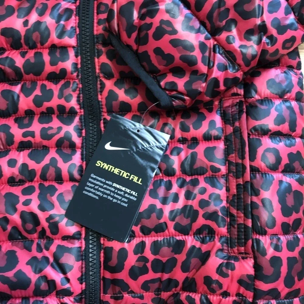 Nike Leopard Puffer Jacket NWT Sz 6 Pink Red Black Kids Girls Hooded Full Zip